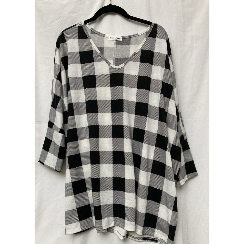Cream N Sugar Women's Black & White Buffalo Plaid 3/4‎ Sleeve V-Neck Sweater -2X